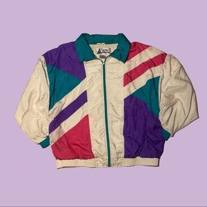80’s-90’s style pearl white long sleeve windbreaker full zipper w/ pockets